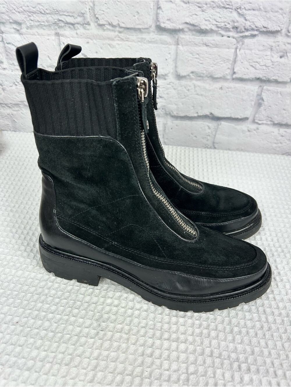 Sam Edelman Black Suede Leather Front Zip Lug Sole Ankle Boots Women’s 9